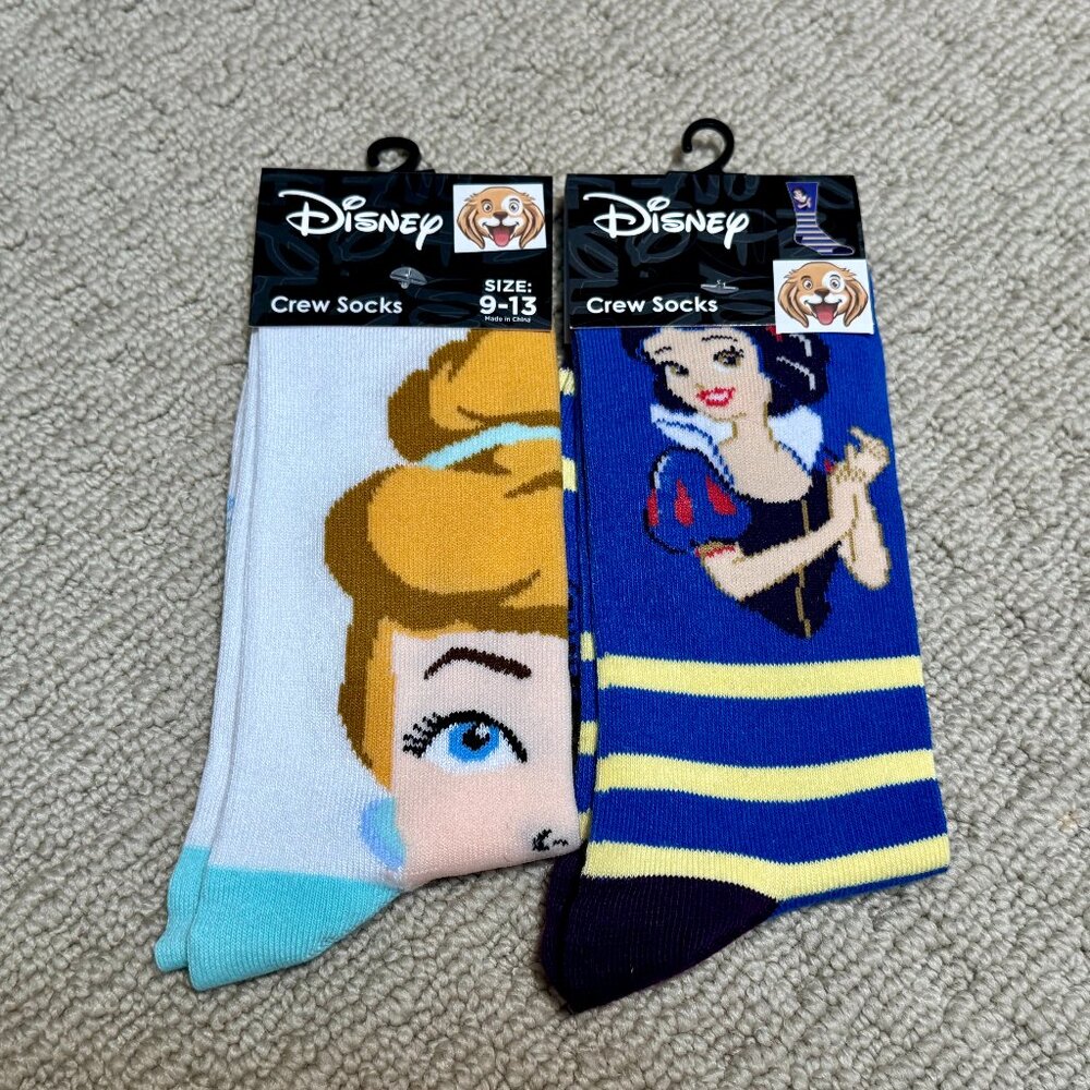 2 Disney Princess New Novelty Crew Socks Size 6-12/13 - Men's/Women's -